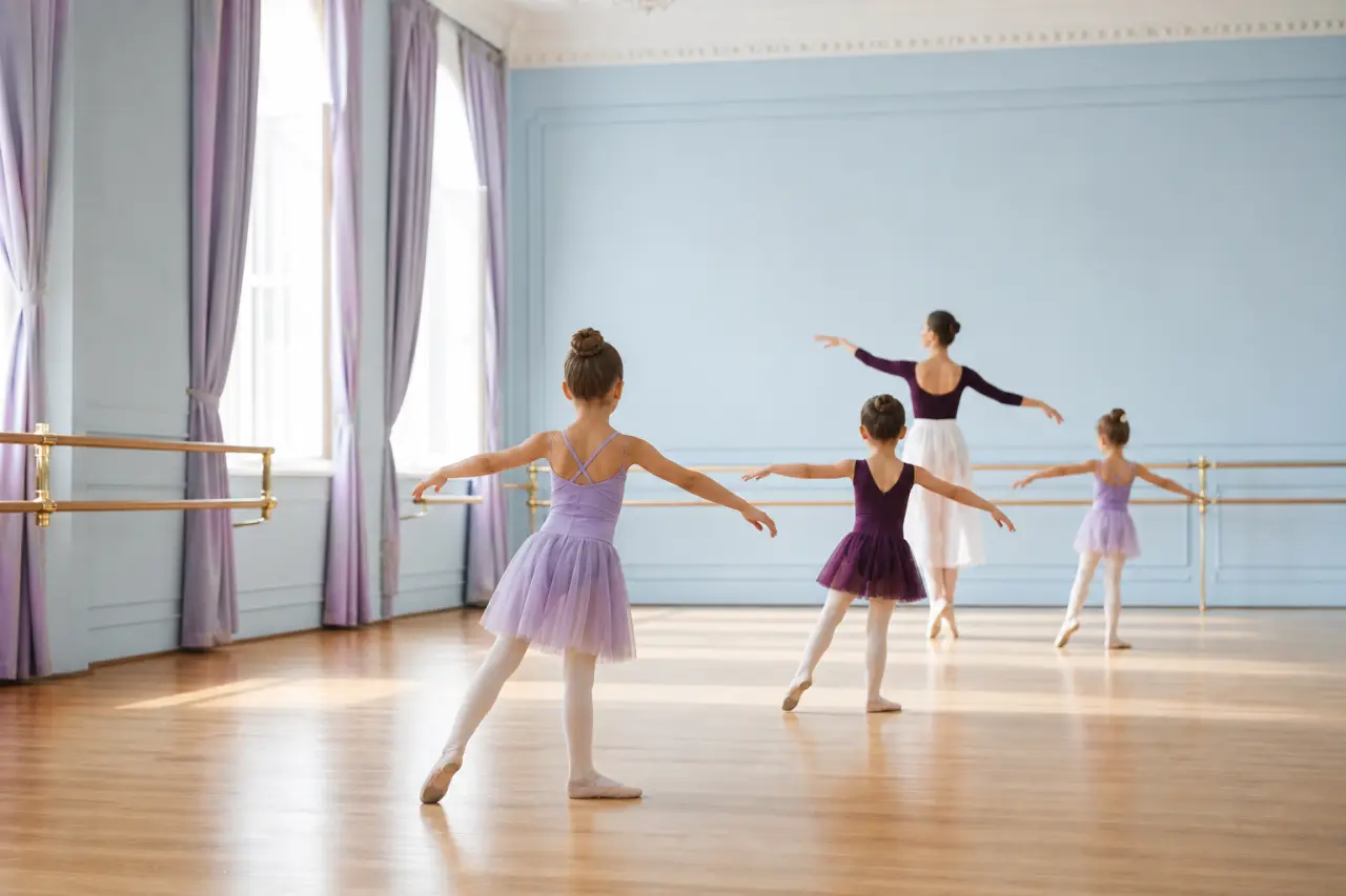Copii exersând balet alături de profesoară într-un studio luminos